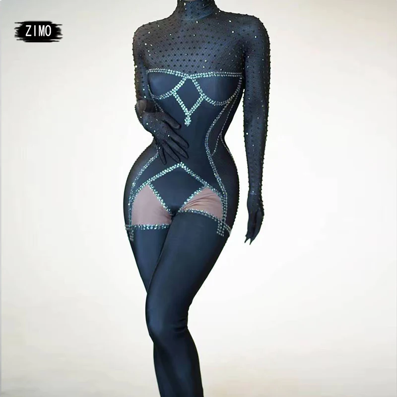 المرأة مثير أسود لامعة حجر الراين بذلة أداء القطب الرقص تمتد يوتار ملابس سحب الملكة مخصص ملهى ليلي المغني