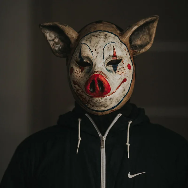 Horror clown pig head cover full face halloween haunted house secret room npc scary props simulation wild boar mask