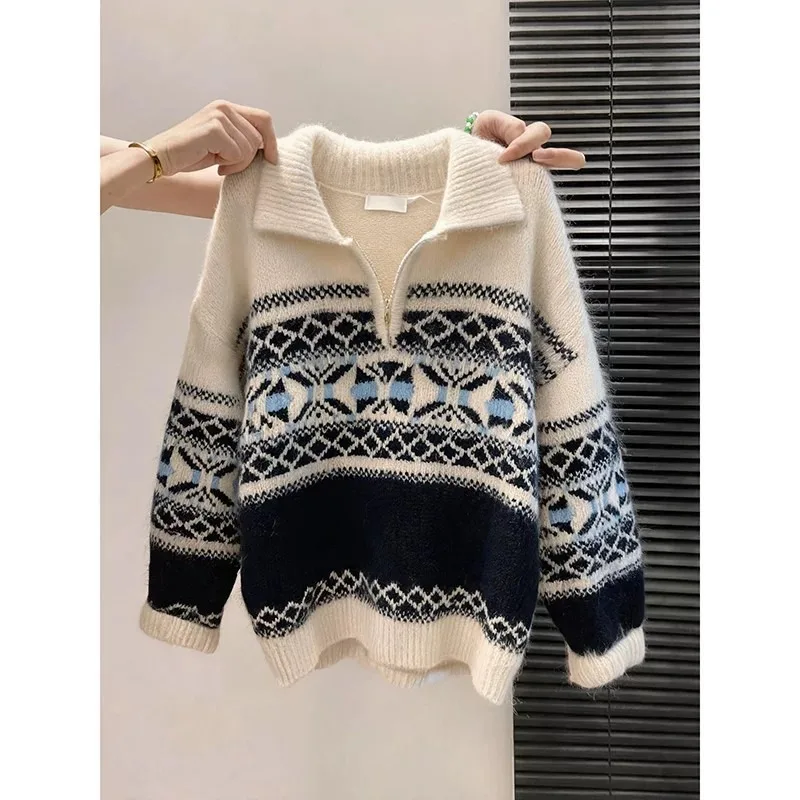 Men's Knitted Sweater Collared Loose Fit Soft Autumn Winter Outerwear Vintage Casual Wear Polyester Nylon Blend Regular Length