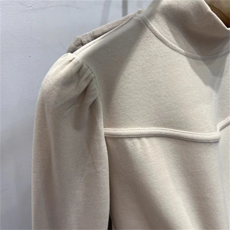 منتفخ كم التي شيرت المرأة تي شيرت نصف الرقبة العالية كم طويل تي شيرت طبقات عادية قاع أعلى الخريف الشتاء باست تيز