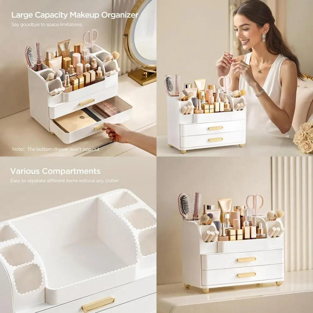 

All-White Large Vanity Makeup Organizer with Brush Holder for Easy Storage of Cosmetics and Skincare