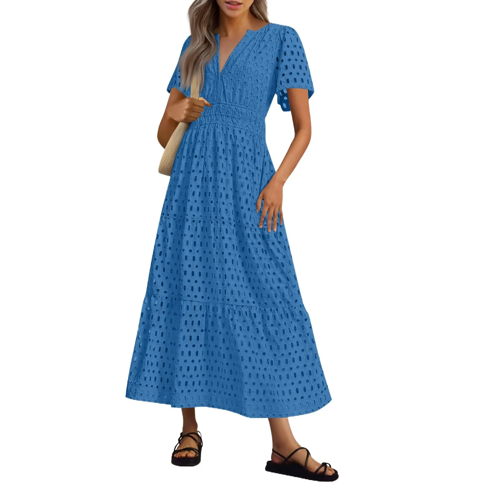 

Women's Summer Fashion Hollow Lace Short Sleeve Long Solid Color Casual Dresses Trend Womens Summer Dresses Casual Womens Dress