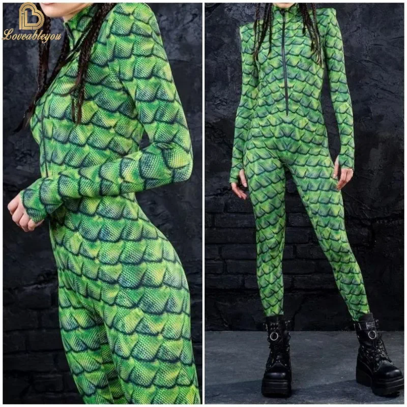 Donne Verde Pesce Scaglie Tuta Fiore Osso Teschio Stampa 3D Dress Up Tuta Halloween Party Costumi Cosplay Outfit RZ7632