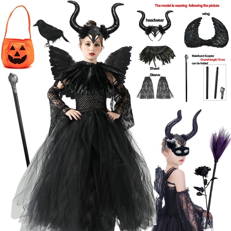 Girls Halloween Cosplay Costume Maleficent Tutu Wedsday Dresses For Girls Cosplay Evil Queen Black Mesh Princess Dress Vestido