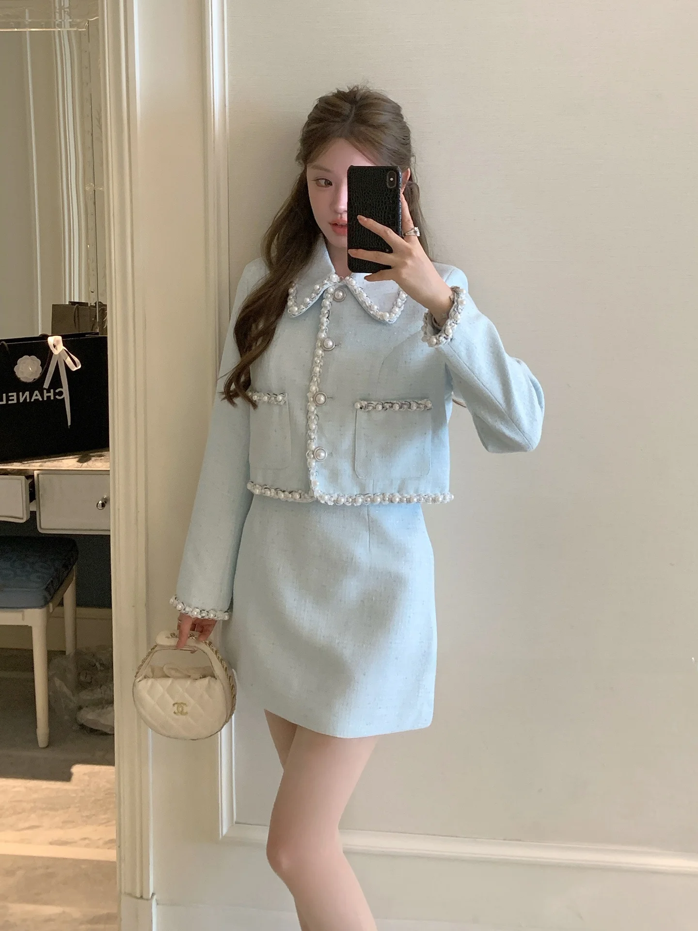 

Роскошный комплект пальто и юбки FanyFloss с блестками и жемчужными украшениями, эффект похудения, твидовый материал, пуговицы воротника-стойки