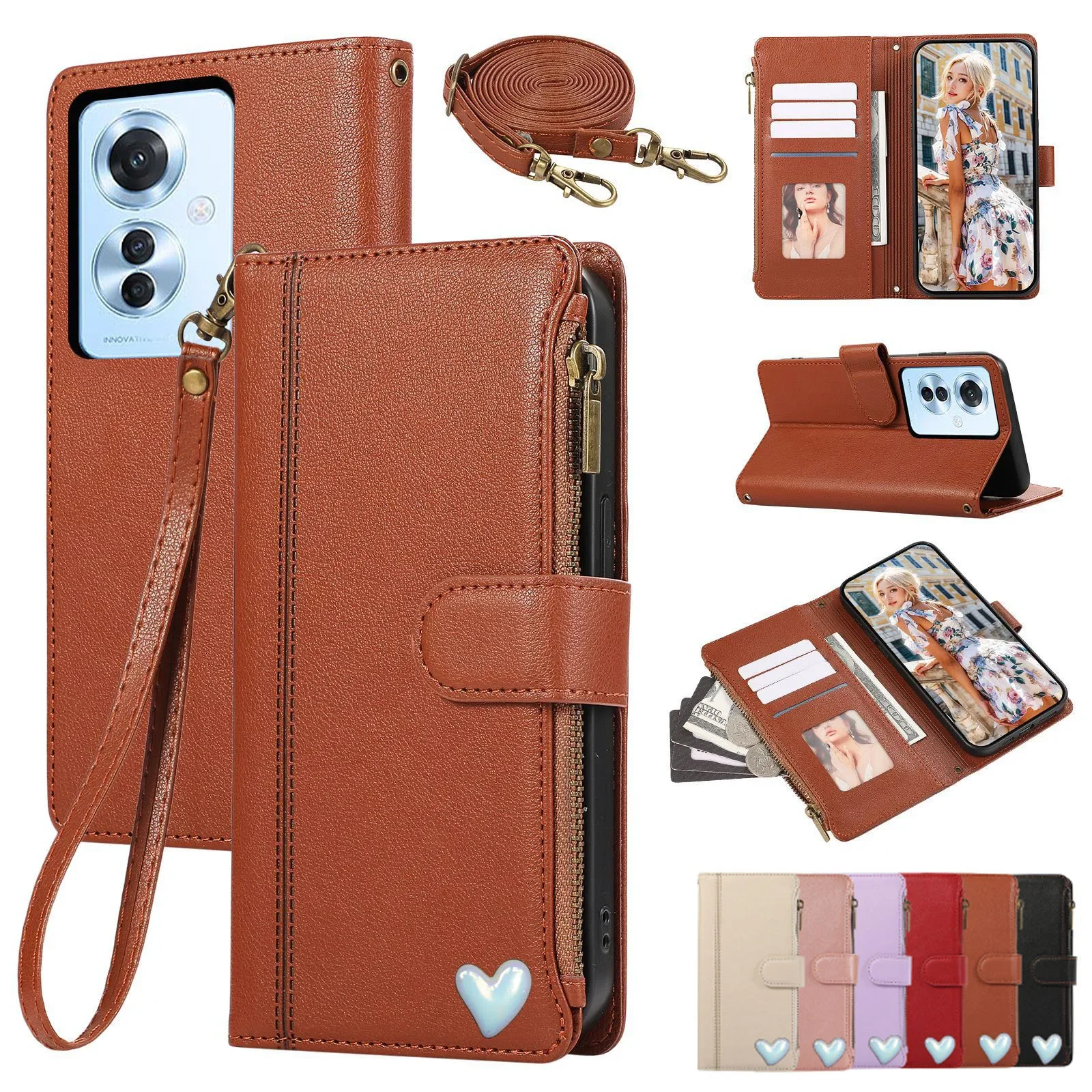 

Crossbody Mirror Wallet Case For Samsung Galaxy A72 A52 A42 A32 A22 A12 A71 A51 A21 Multi 6 Cards Leather Wristlet Zipper Cover