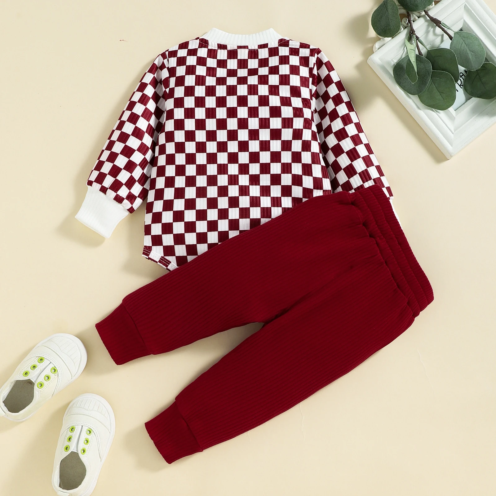 2PCS Autumn Boys And Babies Aged 0-2 Years Old Casual Fashionable Checkerboard Long-Sleeved Top + Solid Color Pants Set