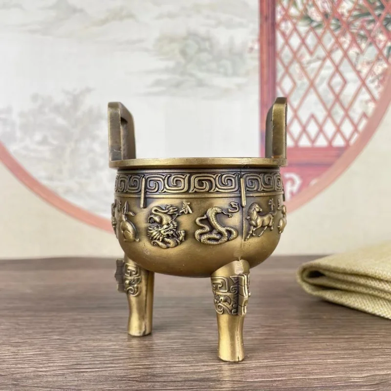 Copper Tripod Incense Burner with Zodiac Signs, Round Three-Legged Retro Desktop Ornament for Home Use