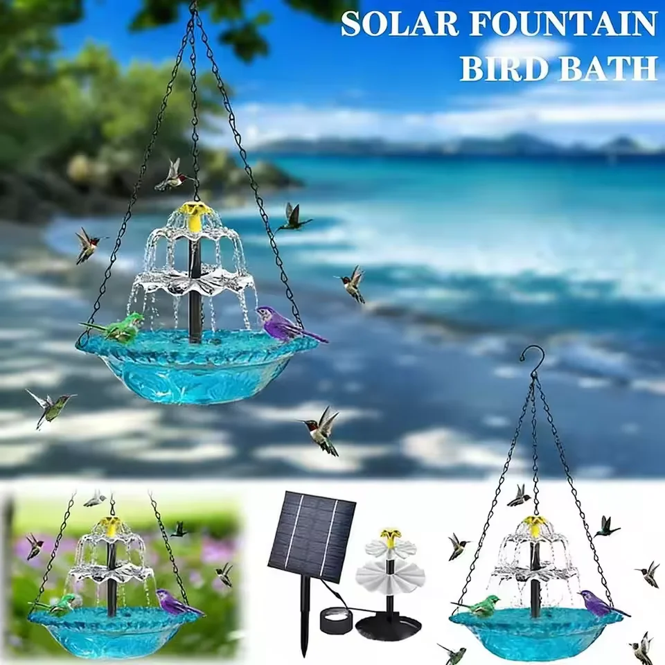

Solar Bird Bath Water Fountain 3 Layer Cascade Hanging Hummingbird Feeder Outdoor Bird Drinking Bathing Feeder Garden Decoration