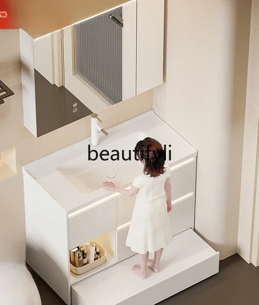 Ceramic integrated basin, bathroom cabinet, floor-to-ceiling washing table, smart mirror cabinet combination
