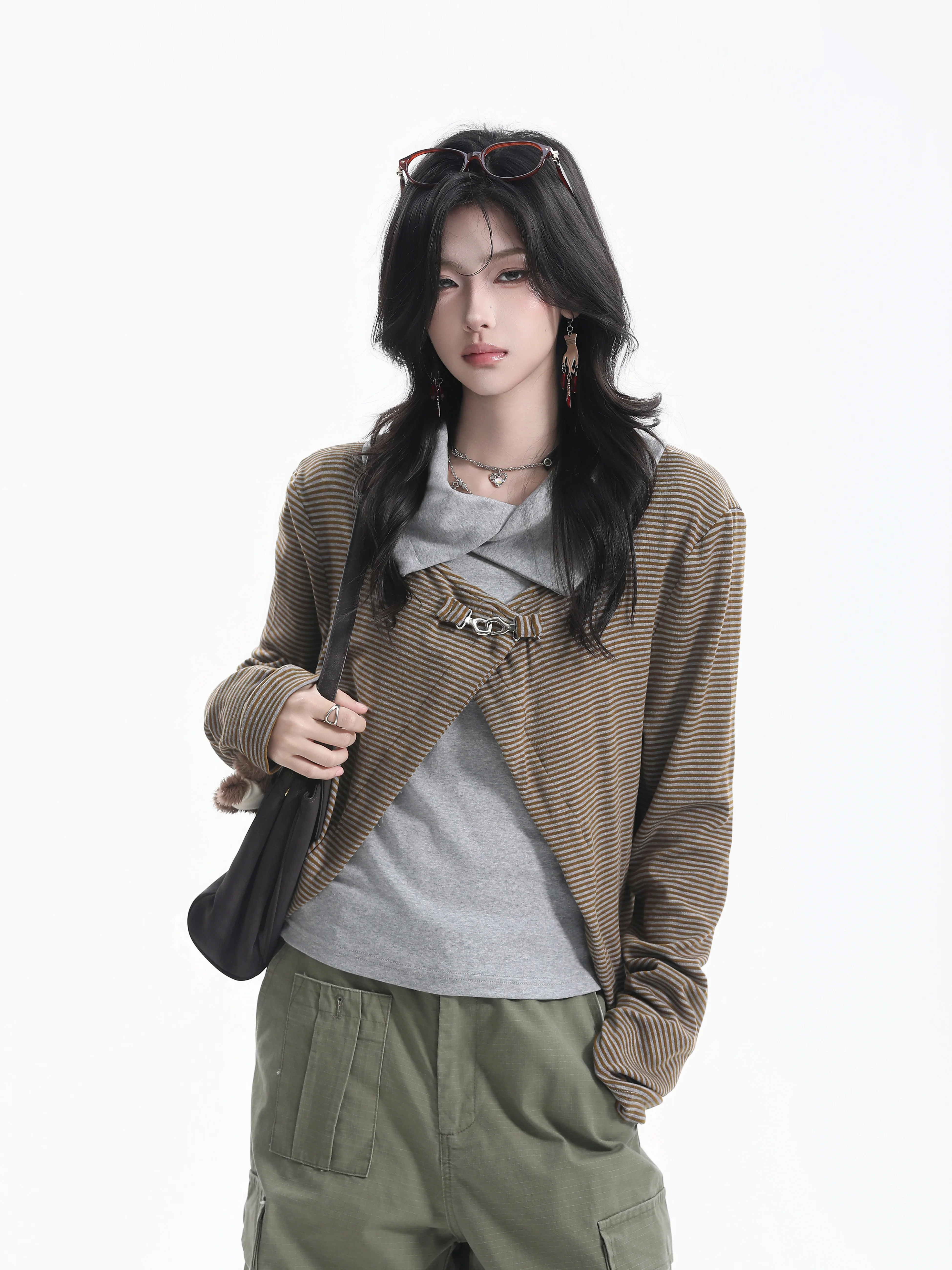 Casual Korean Style Women's Short High Collar Cardigan Striped Base Layer Shirt Metal Button Flip Collar Two-Piece Set