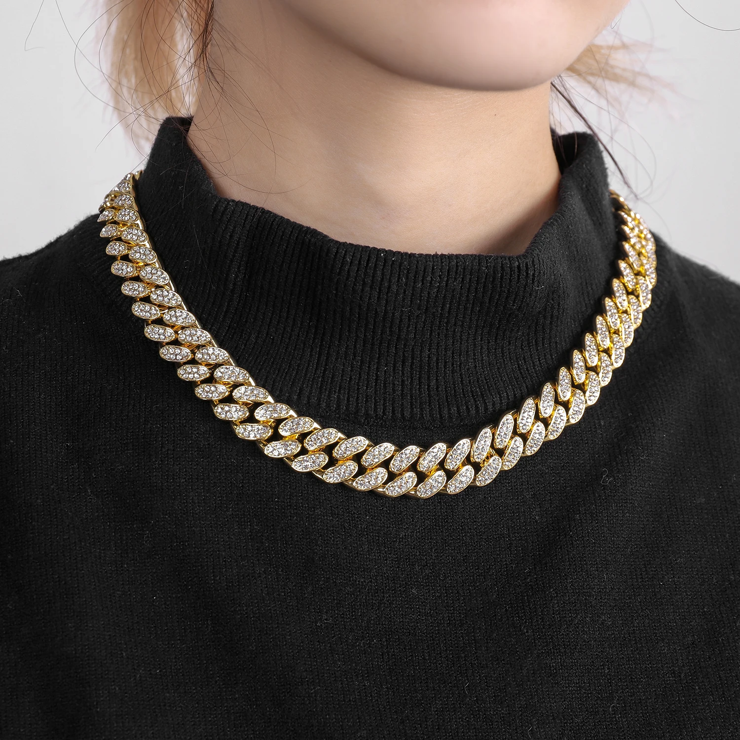 

Hip Hop Iced Out Paved Rhinestones 15MM Full Miami Curb Cuban Chain CZ Bling Rapper Necklaces For Men Jewel for Men Jewelry