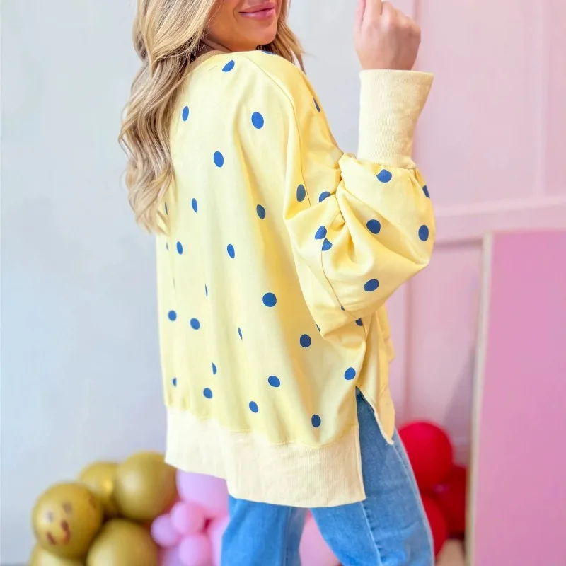 Cross-border European American Women's Clothing Autumn Polka Dot Top Loose Pullover Printed Color-blocking Polka Dot Sweatshirt