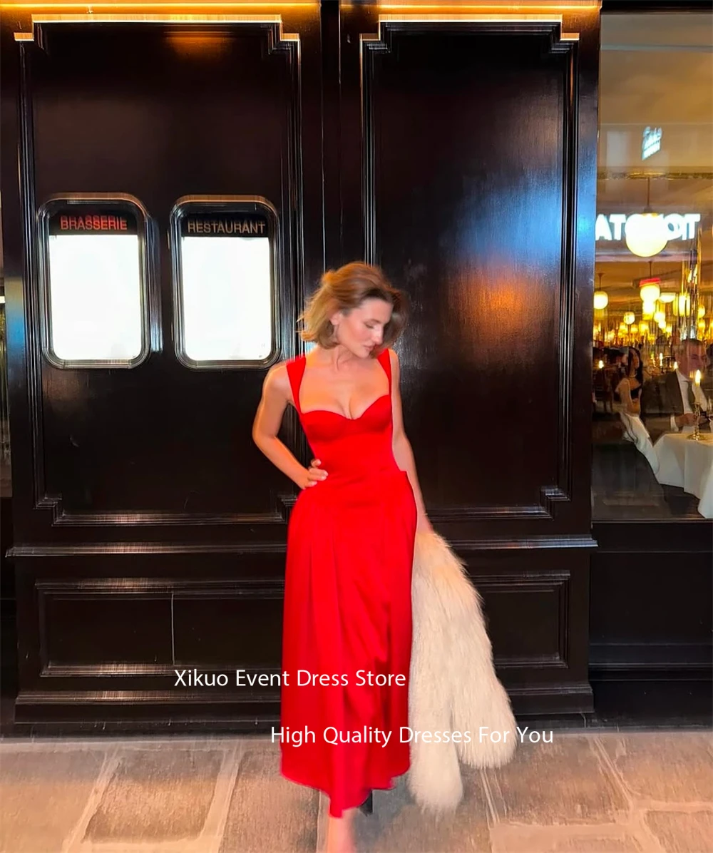Xikuo Red Satin A Line Evening Dresses Spaghetti Straps Pleated Ankle Length Robes De Soirée Pleated Prom Dresses Customized