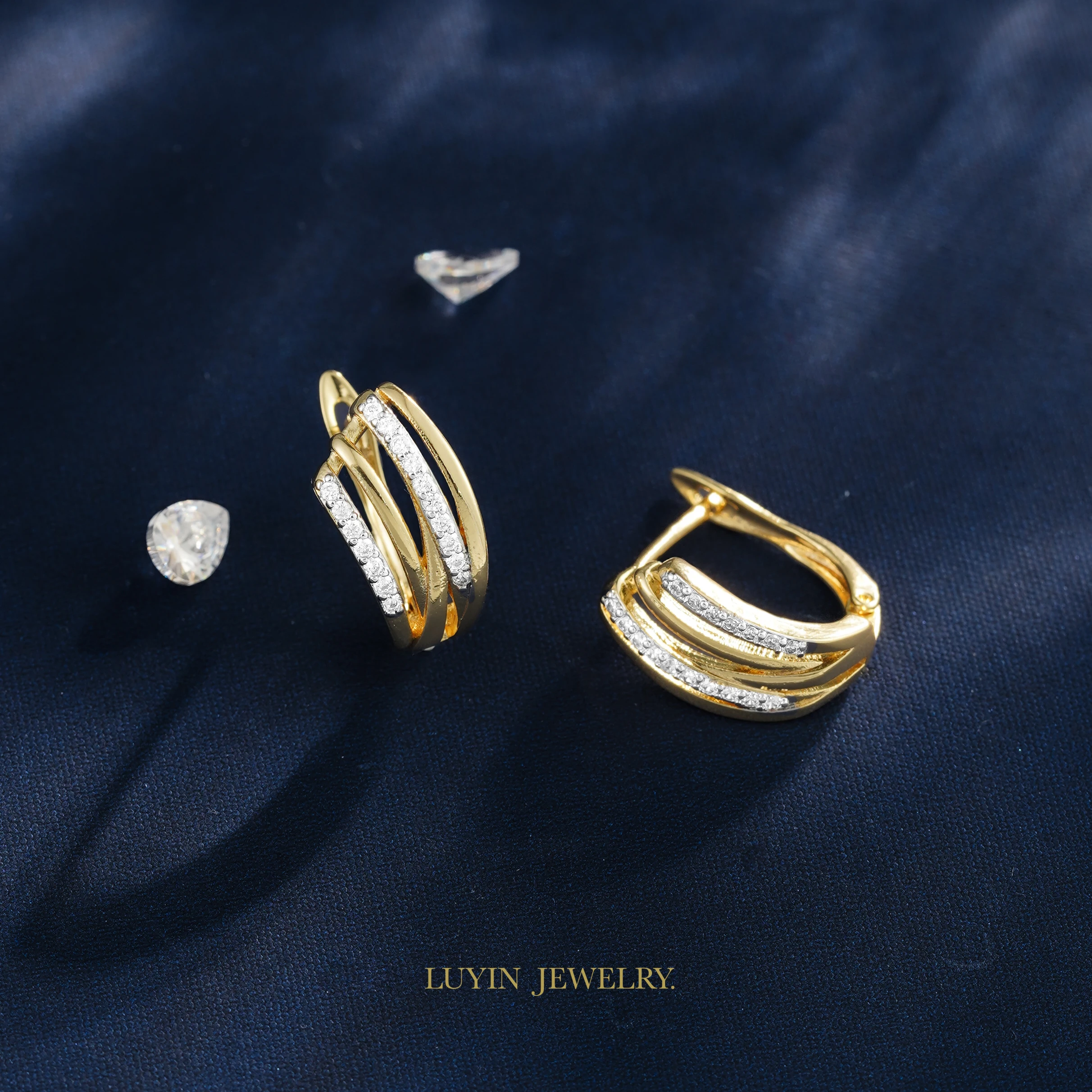LUYIN Classical Style Hollow Brilliant Inlaid Zirconia Earrings Ring Women\'s Set Copper Plated 14K 2 Tone Party Valentine\'s Gift