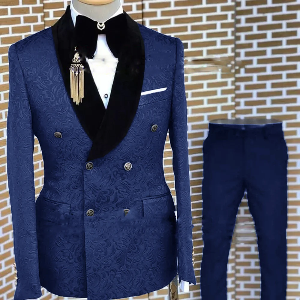 Royal Blue Elegant Men\'s Suit 2 Piece Patterned Jacket Pants Double Breasted Formal Blazer for Groom Wedding Tuxedo