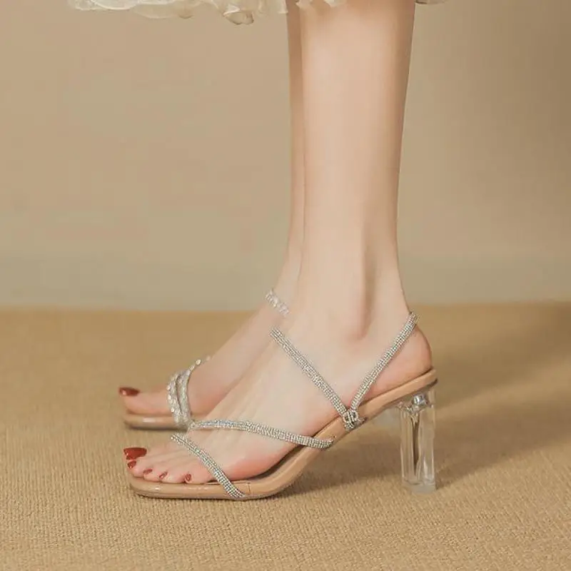 Talla 30-43 Sandalias con punta abierta Zapatillas de tacón alto con diamantes de imitación Tacones gruesos de tacón alto para mujer