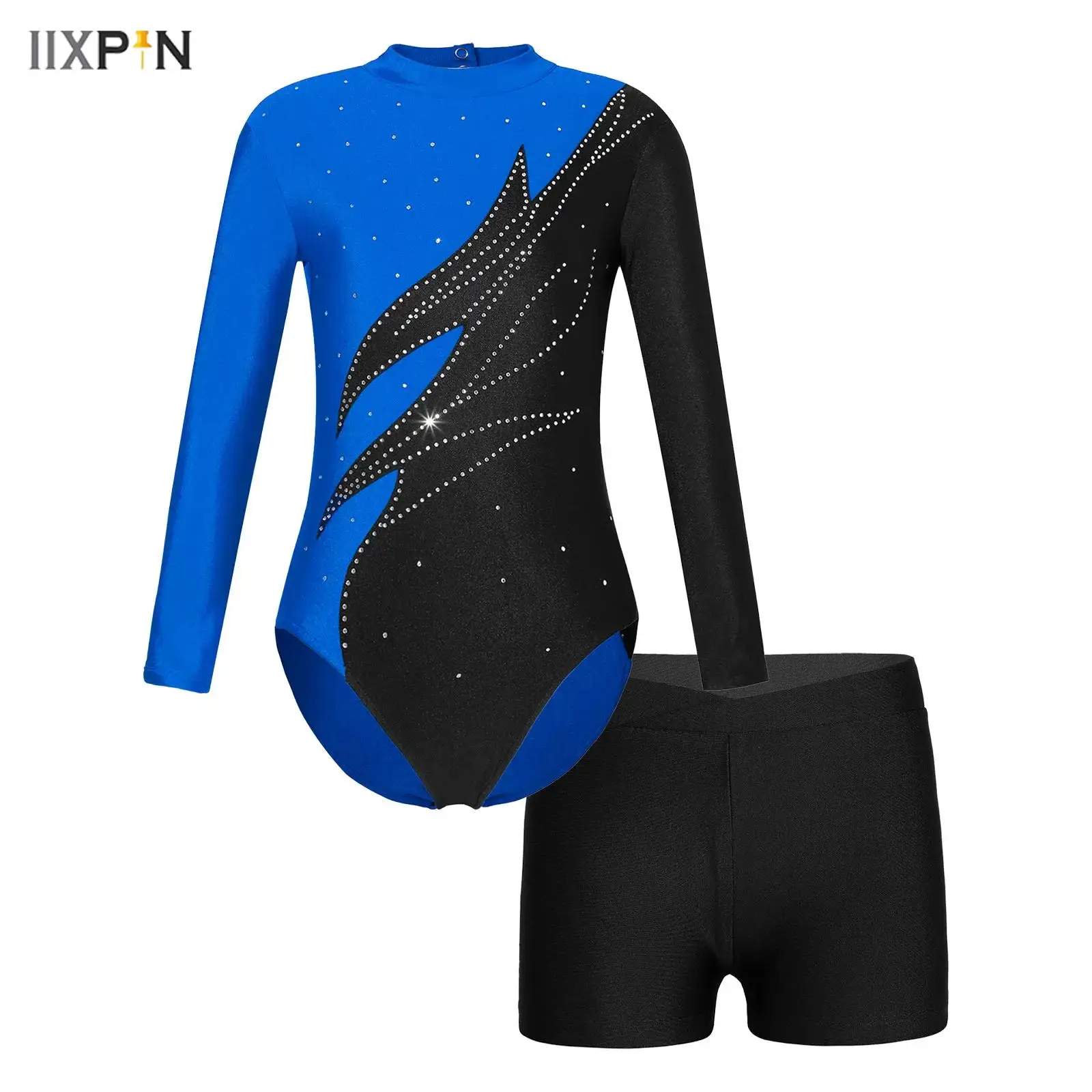 

Kids Girls Acrobatics Gymnastic Leotard Set Long Sleeve Contrast Color Shiny Rhinestones Bodysuit+Shorts for Dance Competition