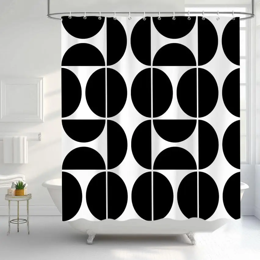 Black & White Geometric Shower Curtain – Mid-Century Modern Abstract Design, Retro Boho Bathroom Decor