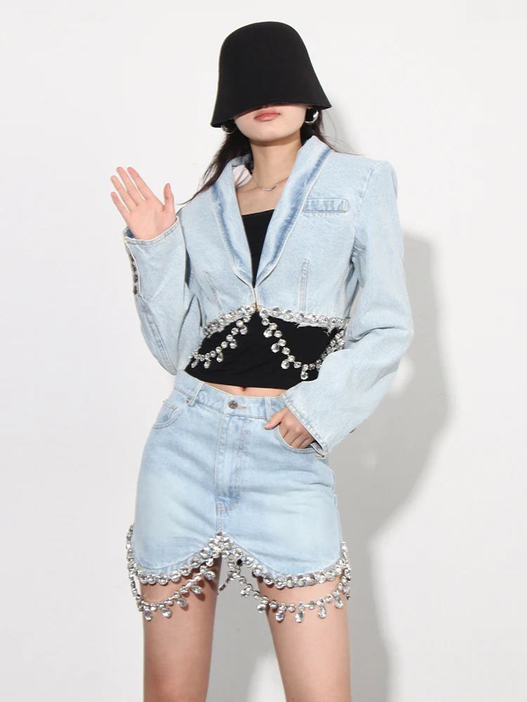 TWOTWINSTYLE Spliced Diamonds Two Piece Sets For Women Lapel Long Sleeve Tops High Waist Patchwork Pocket Skirt Denim Set Female