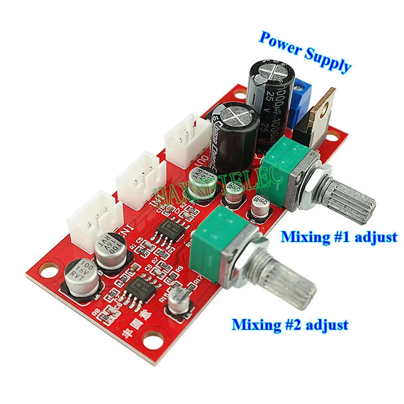 Two Channel Stereo Audio Signal Mixer NE5532 Preamplifier Mixing Board 2 Way Input 1 Way Mix Output AC/DC Single Power Supply