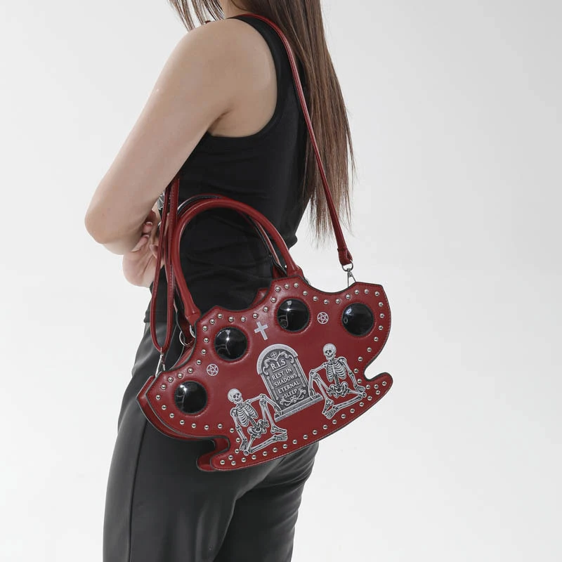 Halloween Totenkopf-Kreuz-Print Umhängetasche, Damen Gothic Nieten-Dekorations-Handtasche, Y2k Mädchen Stilvolle Einzigartige Tragetasche – Detail 7