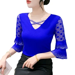 2024 Summer Women Shirt New Fashion Patchwork Mesh Tops Gentle Korean Casual Diamond Lotus Leaf Sleeve T shirt