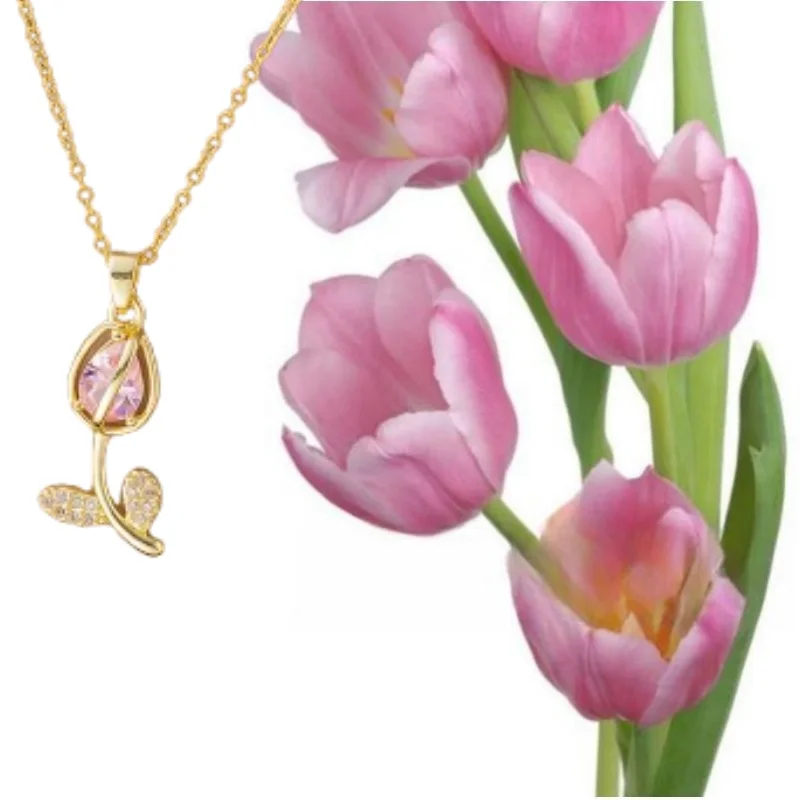 Fashionable Tulip Shaped Zircon Necklace for Women in Titanium Steel Material