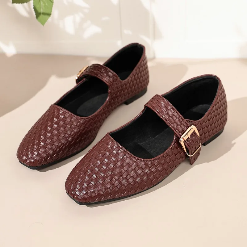 Women's Openwork Knitted Mary Jane Round Toe Breathable Summer Ballet Flats 2026 Fashion Buckle Low Mouth Lightweight Loafers
