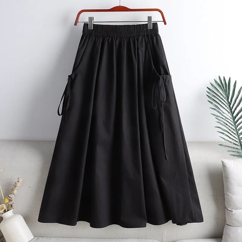 Folds Solid Draw String Elastic Waist Pockets Long Skirt Casual Summer Kawaii Black Elegant Korean Fashion Skirts Spring Faldas