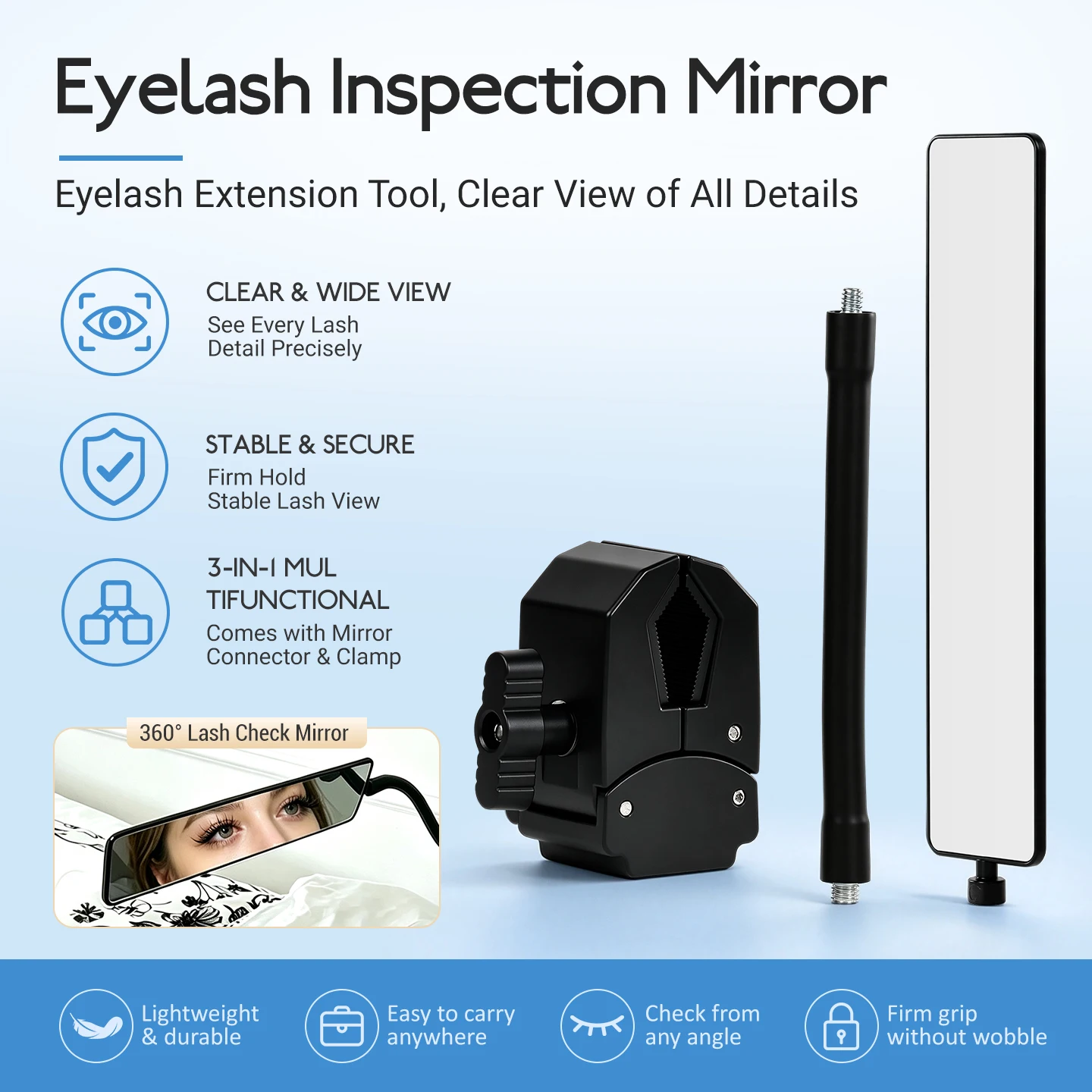 3Pcs Eyelash Extension Mirror with Clip Hands-Free Lash Inspection Connector Tray Holder Stand Professional Lash Supplies Tools