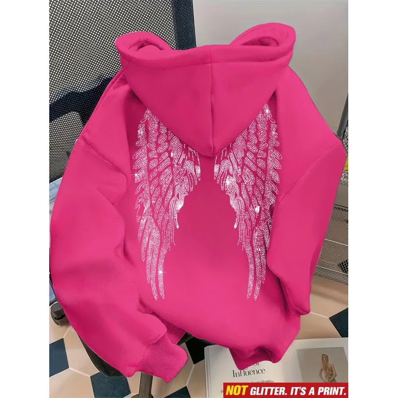 Leisure Spring and Autumn Sweater Wing Print and Hot Rhinestone Two Styles Women's Long-sleeved Pullover Hoodie