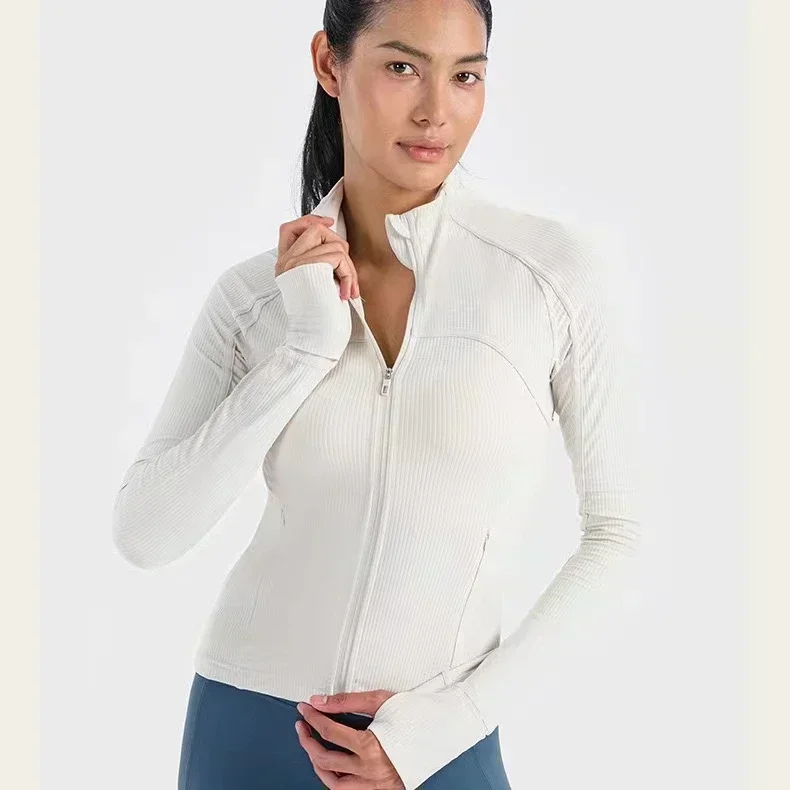 Lemon Women Ribbed Cropped Stand Neck Sports Jacket Utdoor Lightweight Breathable High Elastic Fitness Yoga Coat