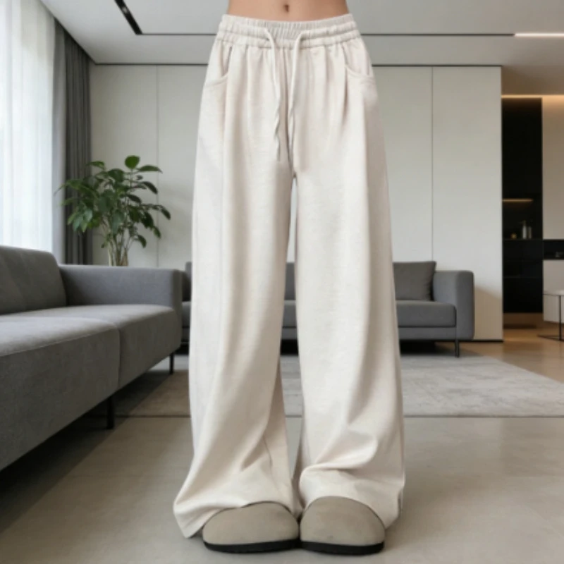 Plus Size Women's Korean Style White Sticky Rice Wide Leg Pants Autumn Retro High Waist Drape Slim Casual Straight Knit Pants