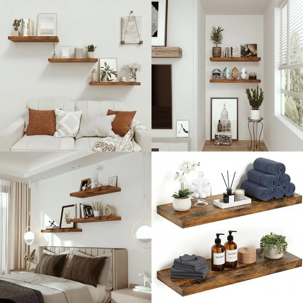 

24 Rustic Floating Shelves Set of 2 for Home Office, Suitable for Bathroom, Bedroom, Kitchen, Living Room, with Hidden Brackets