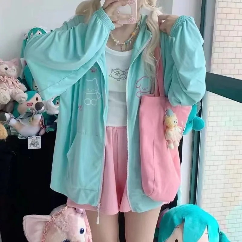 Women Cardigan Jacket Cute Kawaii Prints Zipper Sweatshirt Hooded Coats Pink Sunbreakers Tops Woman Clothing Y2K Streetwear Thin