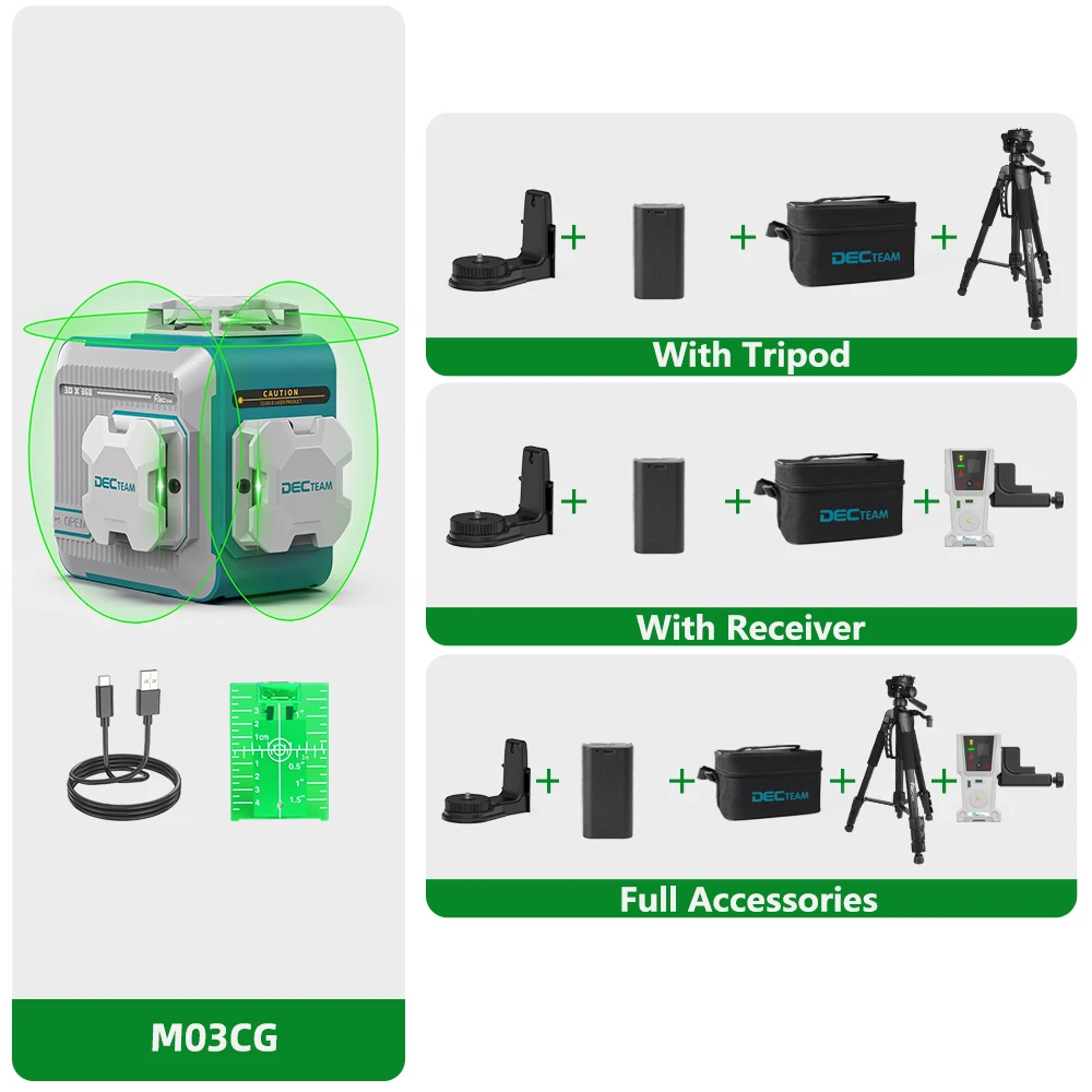 Decteam 12 Lines 3D Laser Level 360° Green Beam Self-leveling Cross Lines Laser Level Tools With Tripod,Laser Receiver M03CG