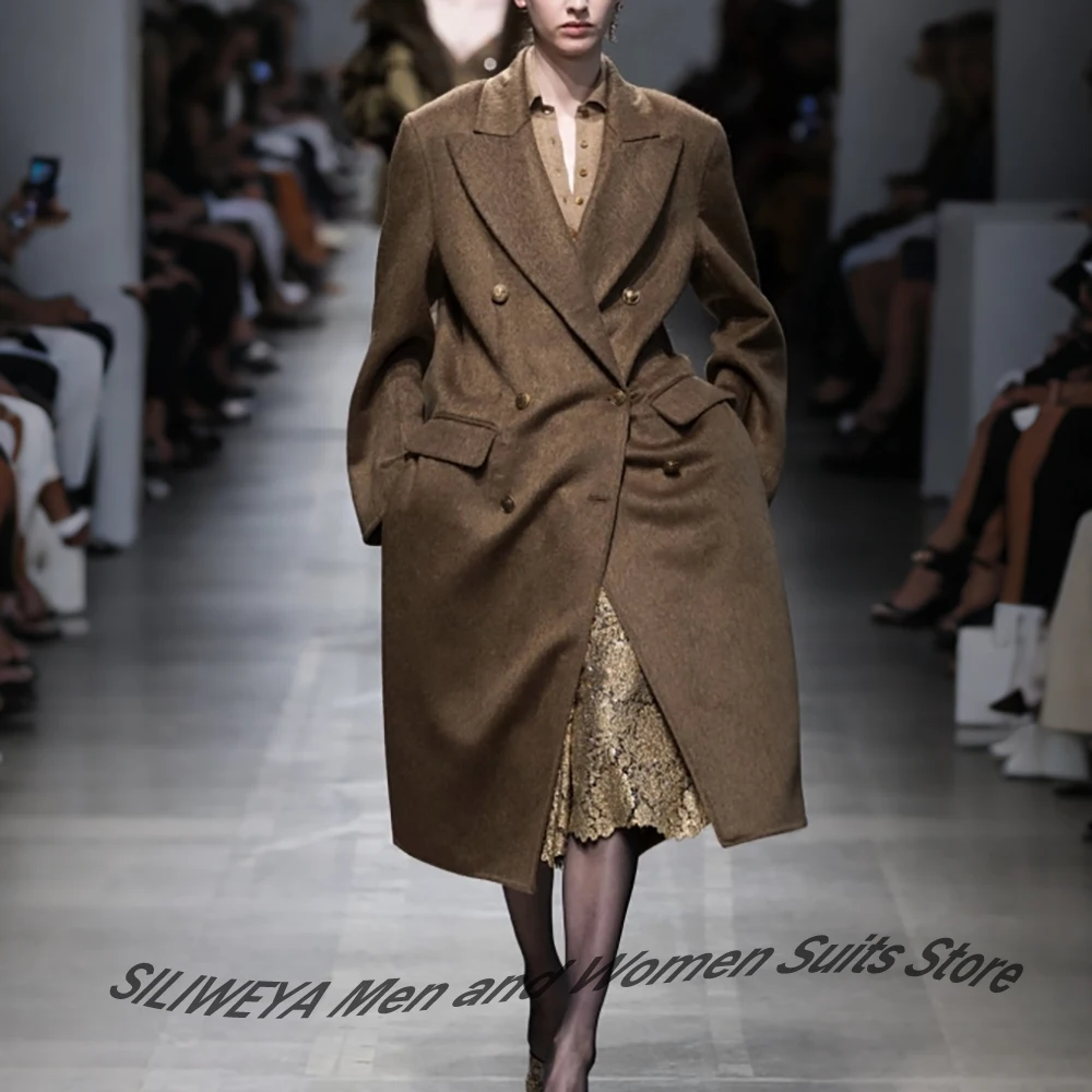 Luxury Women's Brown Woolen Jacket Double Breasted Long Overcoat 1 Piece Set Winter Warm Casual Business Outerwears