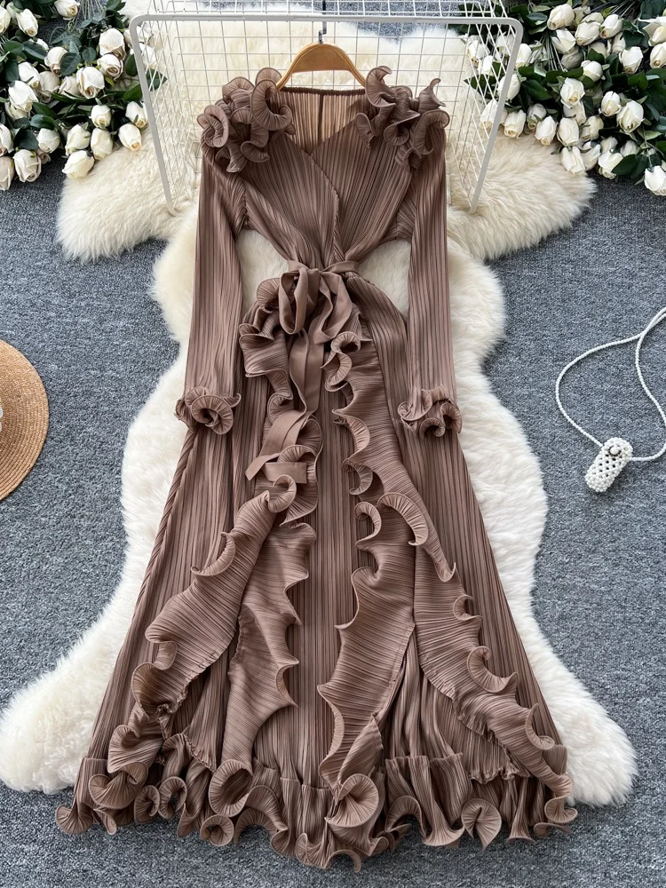 Ele Aラインロングドレス レディース ハイウエスト プリーツ サイドスリット スリム フロア丈ガウン Ele マットデザインセンス