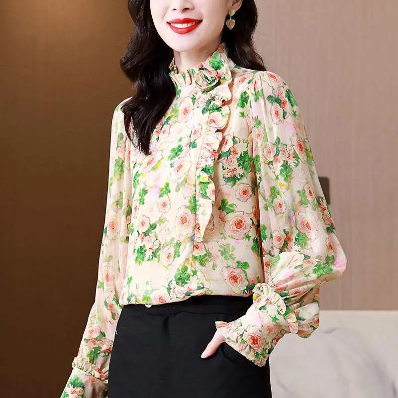 

Apricot Silk Shirt Women's Long Sleeve Crepe De Chine Spring Season Fashionable Comfortable Breathable Polyester Fiber