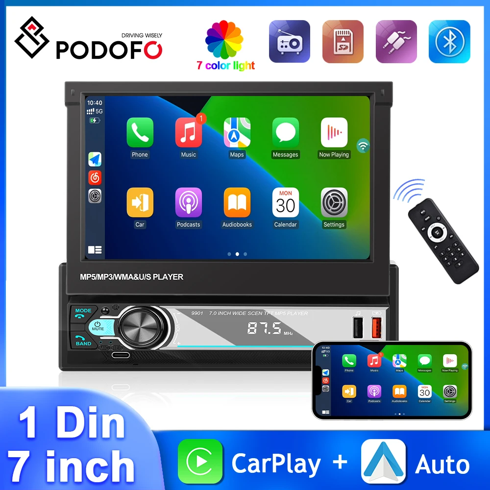 

Podofo 7 Inch 1Din Car Radio MP5 Universal Retractable Car Stereo Wireless Carplay Android Auto Mirror Link Support MIC Rear Cam