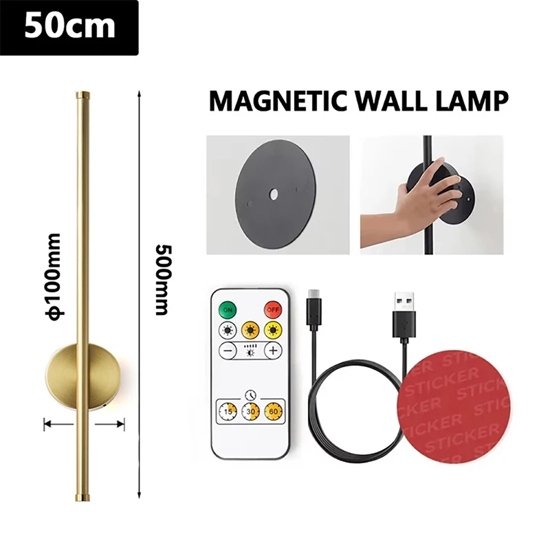 Moderne LED-wandoplaadlamp Draadloze installatie Afstandsbediening Traploos dimmen Goudzwarte afwerking 50/80CM Decoratieve verlichting