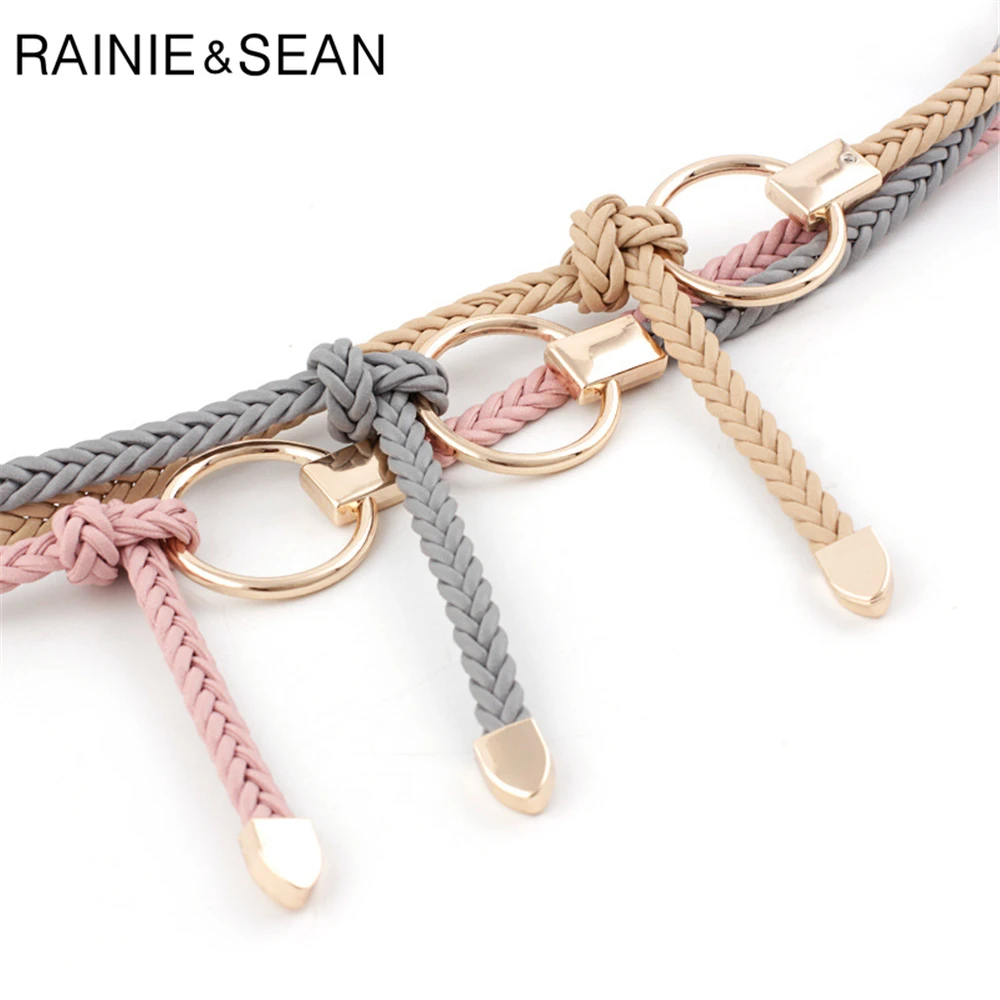 RAINIE SEAN Thin Belt Women Weave Pu Leather Fashion Ladies Strap for Dresses Solid Light Ble Pink Red Camel Self Tie Women Belt