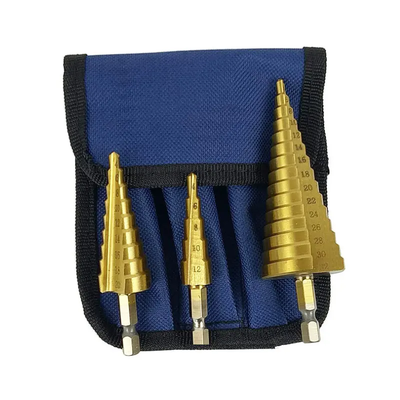 Kit de herramientas de pagoda, Broca escalonada con vástago hexagonal, bolsa, abridor de agujeros, 3 piezas