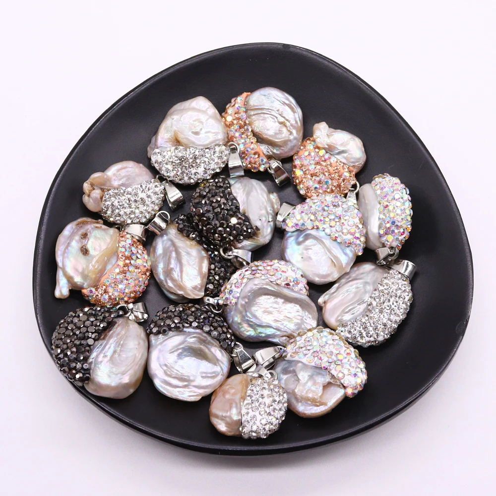 Natural Freshwater Shell Pendant Irregular Mother of Pearl Necklace Inlaid Water Diamond Charm Women's Earrings Jewelry Making