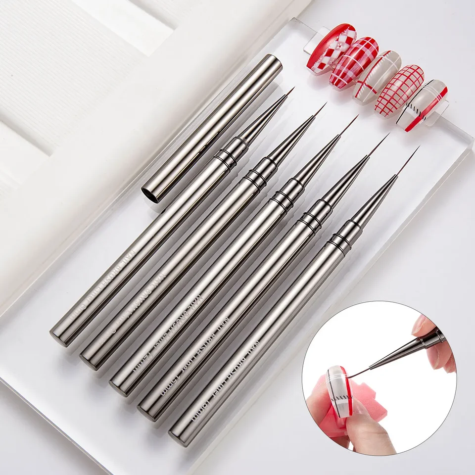 Set de 5 pinceles delineadores de uñas de 6/9/12/15/18mm, pinceles para líneas, rayas, flores y pintura, mango metálico 3