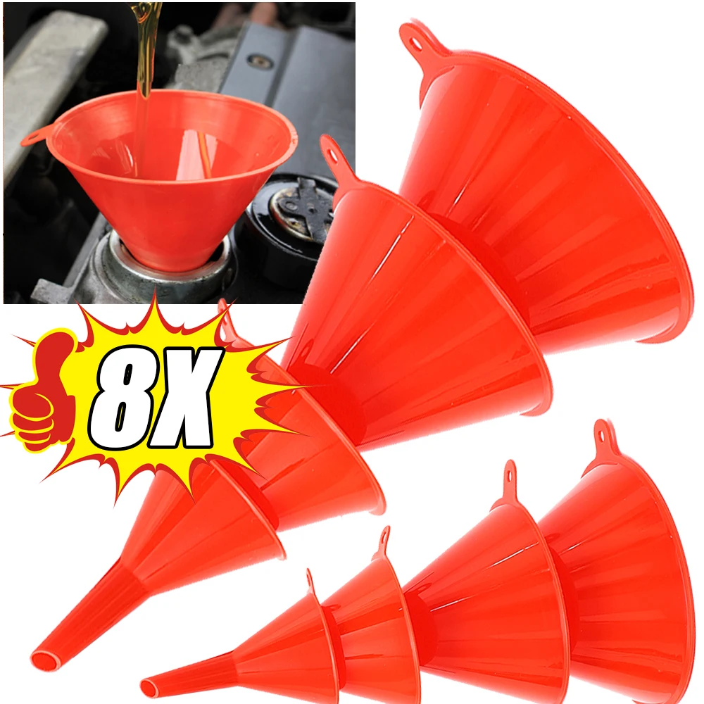 4/8pcs Red Plastic Funnel Set for Car Gasoline Engine Oiling Funnel Auto Home Kitchen Function Plastic Funnel Home Lab