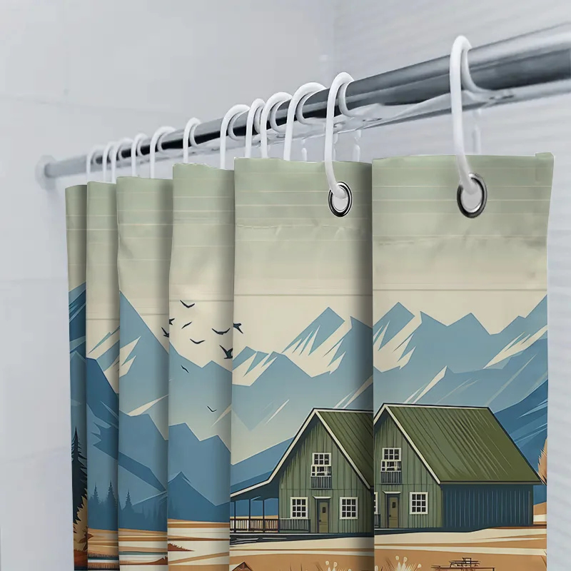 Waterproof Shower Curtain Mountain Cabin Design Enhances Bathroom Aesthetic Rustic Charm Serenity Home Decor Essential EasyClean