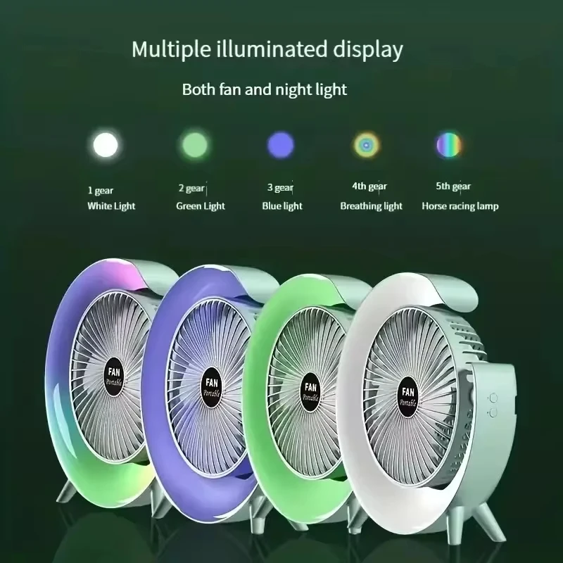 Portable Fan USB Rechargeable 180° Adjustable Three-speed Wind Power Colorful Light Air Circulation Fan Home Bedroom Fan