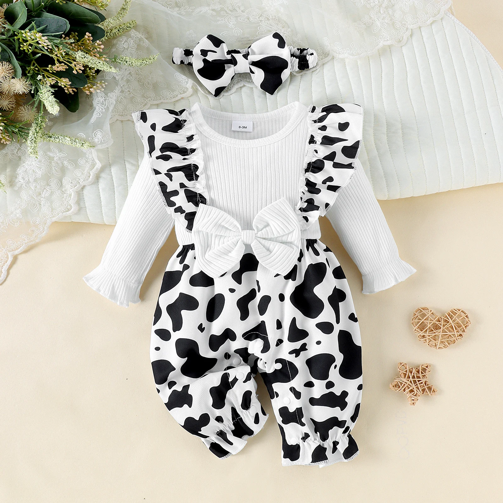 2PCS Autumn New Style 0-1 Year Old Girl Baby Fashionable Casual Round Collar Long-Sleeve Top Strap Jumpsuit